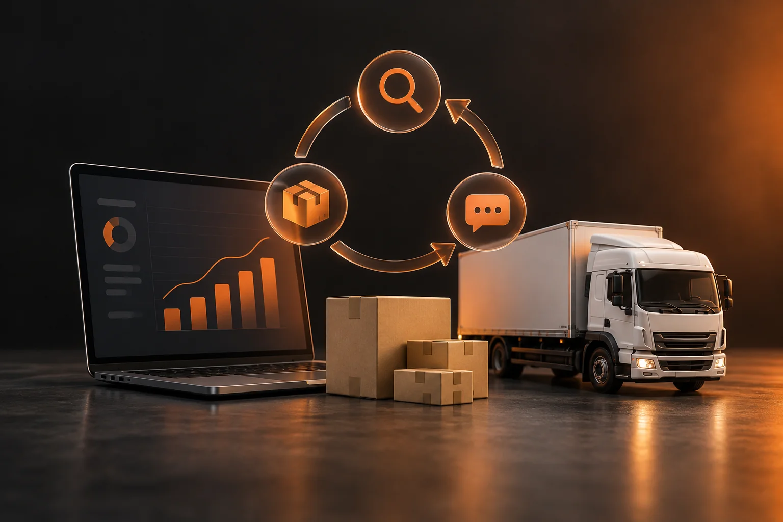 Illustrative concept connecting shipping, search, conversations and marketing